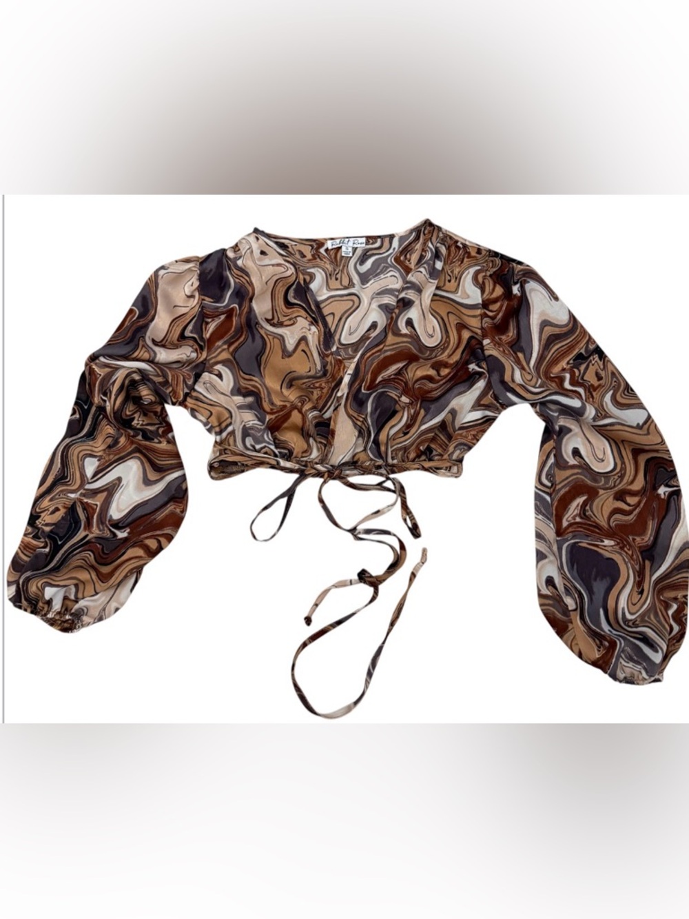 Rabbit Rose Brown Swirl Boho Crop Wrap Top S 70s Retro ☮️